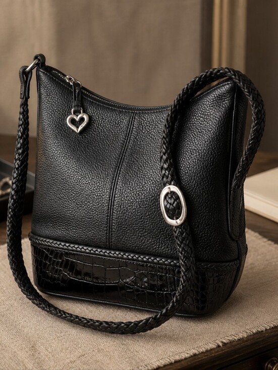 Brighton Handbags - Brighton Black Braided-Handle Shoulder Bag with Heart Charm